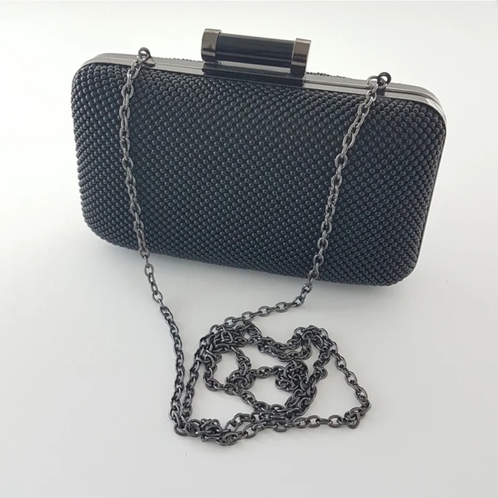 Jessica McClintock Black Beaded Clamshell Shoulder Purse Converts to Clutch